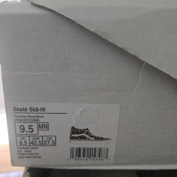 Vans Thrasher Skate Sk8 Hi Men Logo Flame Black new Popcush Pro  092025 - Picture 7 of 8